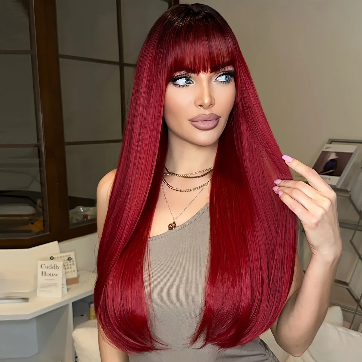 Women's long, straight, burgundy wig, stylish and simple, with dark roots and high-density heat-resistant synthetic fibers, suit