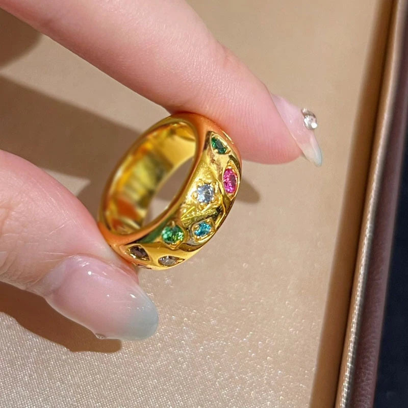 High-end glossy inlaid colorful diamond rings for women unique design stacked sparkling fashion ring Light luxury party jewelry