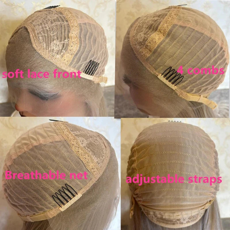 Wig female White Platinum Blonde Synthetic HD Lace Front Wig Balayage Pre Plucked Hairline Heat Resistant Center Parting 18 Inch