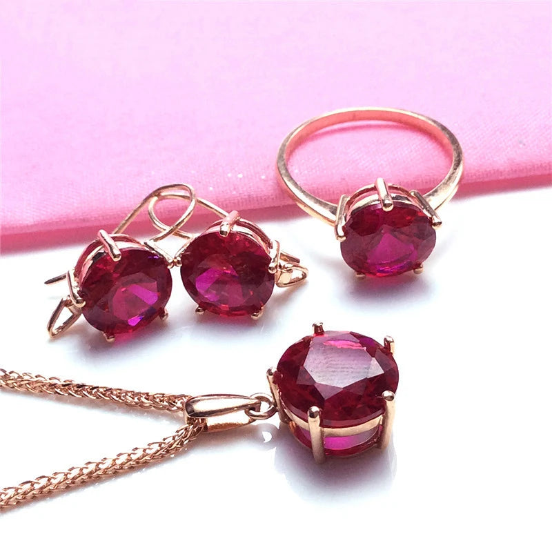 Round ruby jewelry sets light luxury fashion glamour earrings for women necklaces rings 585 purple gold plated 14K rose gold