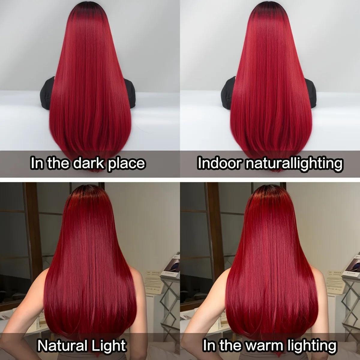 Women's long, straight, burgundy wig, stylish and simple, with dark roots and high-density heat-resistant synthetic fibers, suit