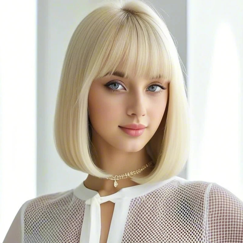 Luxurious 12” gold,color bangs synthetic wig with elegant, voluminous texture for everyday wear and special occasions.