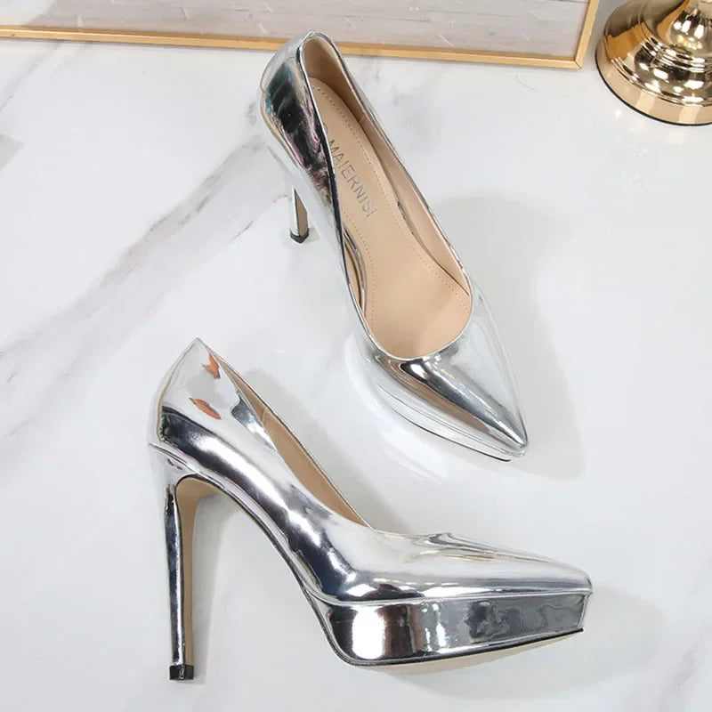Fashion Ladies High Heels Women Party Shoes Platform Modern Ladies Pumps Brand Gold Silver Super High Heels 12cm D285