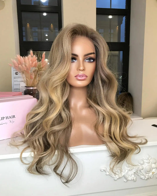 Wig Dark Roots Blonde Brown Ombre Wavy Balayage Lace Front Wavy Synthetic Lace Front Wig Brown Wigs Body Wave Wig Gift For Women