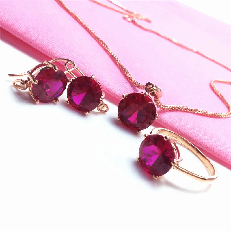 Round ruby jewelry sets light luxury fashion glamour earrings for women necklaces rings 585 purple gold plated 14K rose gold