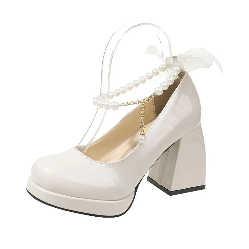 Ladies High Heels Elegant Bow Square Toe Black Fashion Women's Pumps Thick Heel Wedding Party Pearl Lace Wedding Shoes for Women