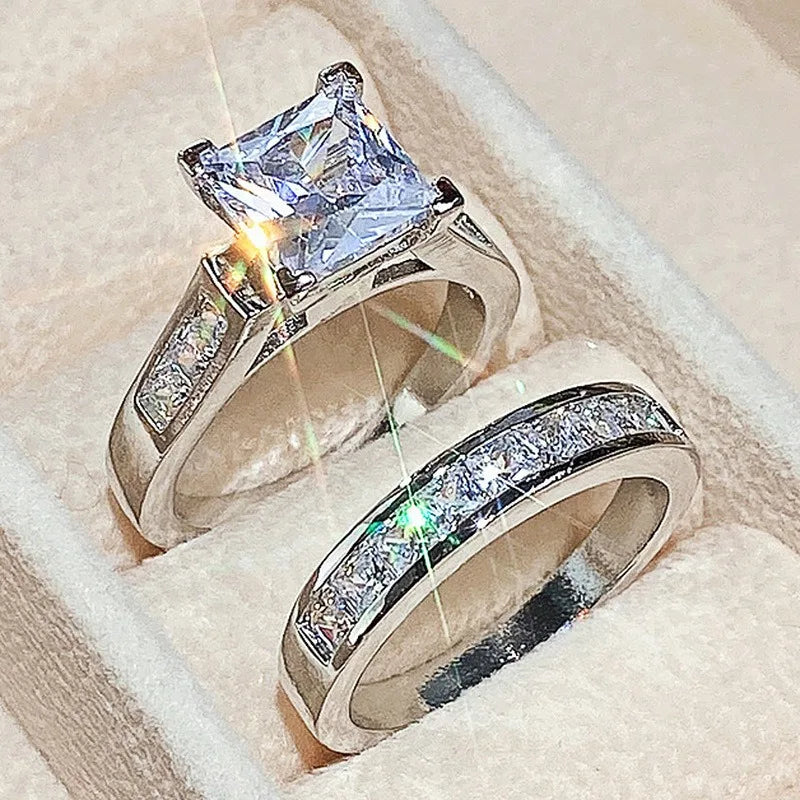 Luxury Wedding Rings Set for Women Dazzling Square Rhinestones Zirconia Ring Luxury Lady Accessories Set Trendy Bridal Jewelry