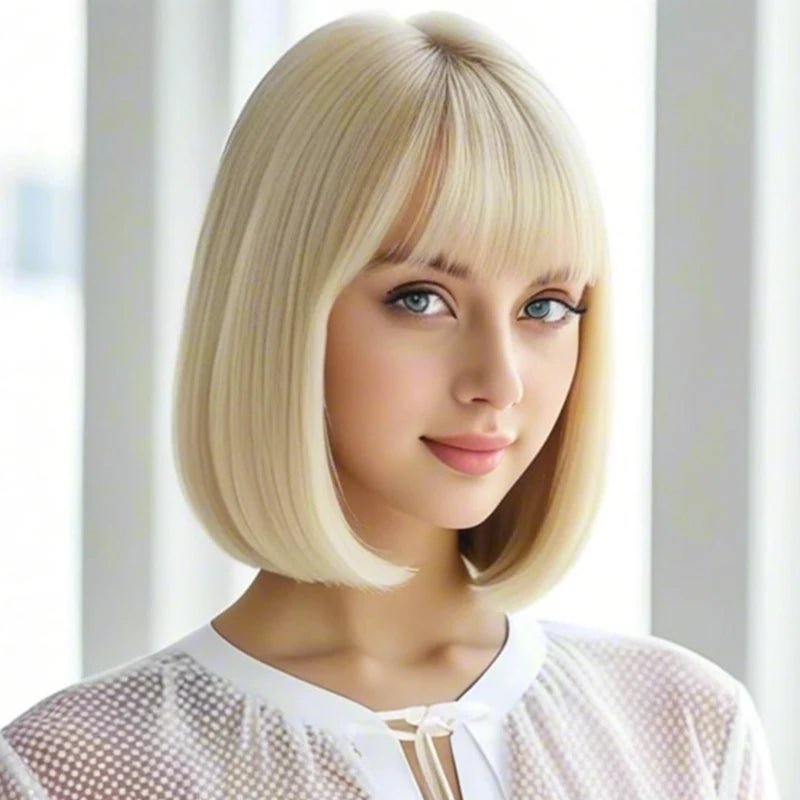 Luxurious 12” gold,color bangs synthetic wig with elegant, voluminous texture for everyday wear and special occasions.