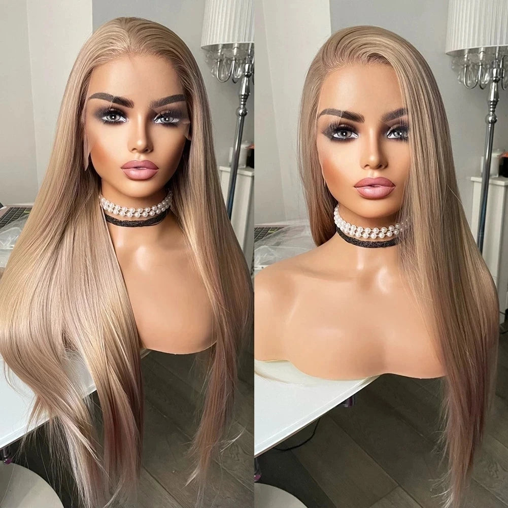 MXWIGS Ash Blonde Straight Synthetic Lace Front Wig For Women Soft Cosplay 26Inch Long Glueless Preplucked Heat Resistant
