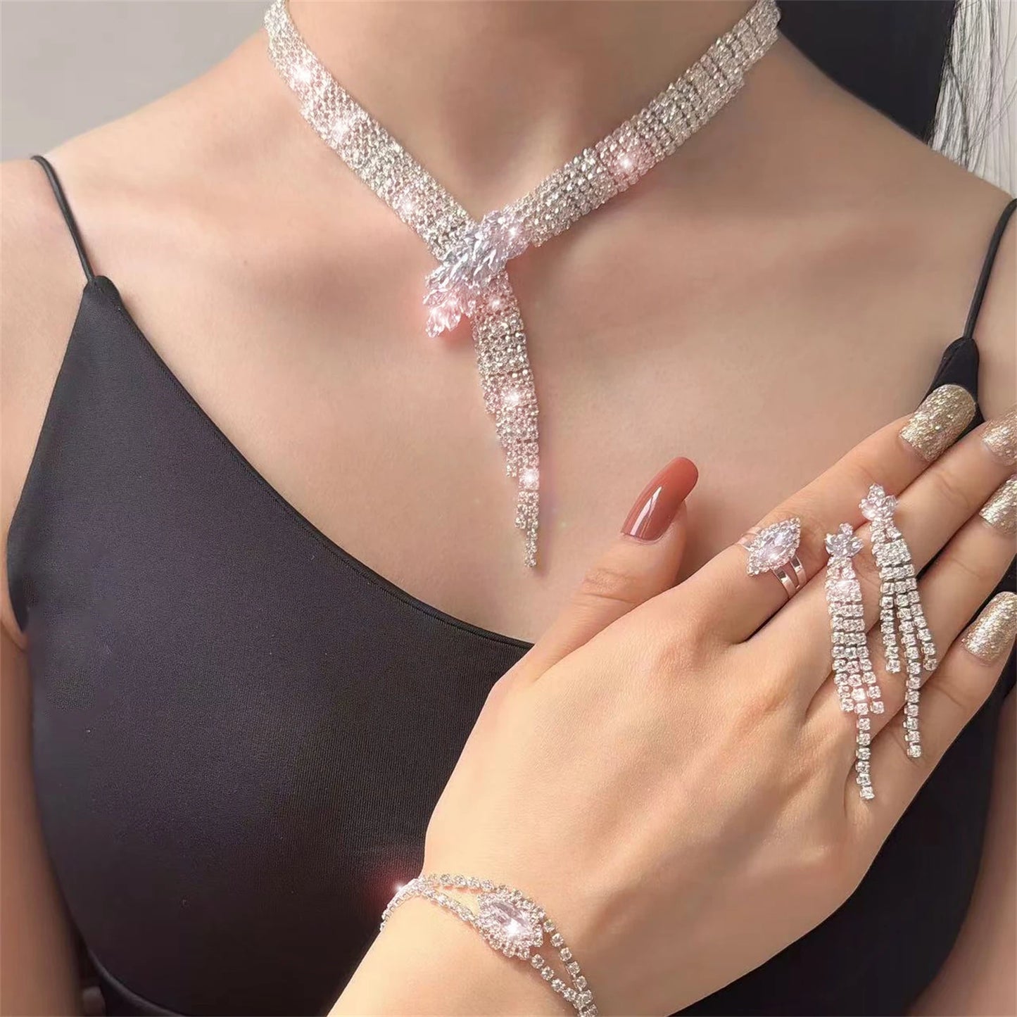Ladies' Fashion Crystal Necklace Bracelet Earring Ring Wedding Party Elegant Jewelry Classic Jewelry Set Accessories
