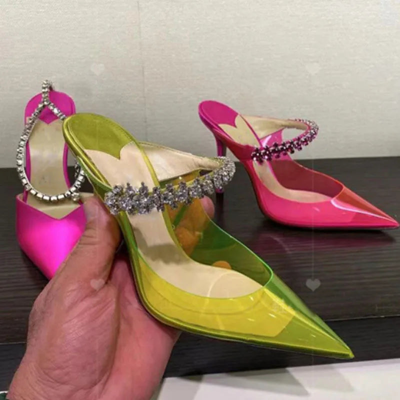 Ladies High Heels Pointed Toe Stiletto With Rhinestone Transparent Sandals Pump