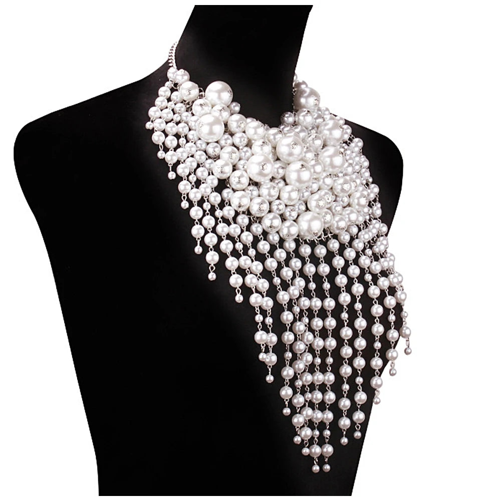 Lady's Fashion Statement Pearls Necklace Earrings Jewelry Sets for Party Wedding Prom Beaded Tassels Choker Collar Necklaces