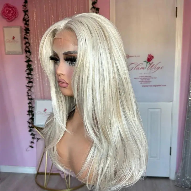 Wig female White Platinum Blonde Synthetic HD Lace Front Wig Balayage Pre Plucked Hairline Heat Resistant Center Parting 18 Inch