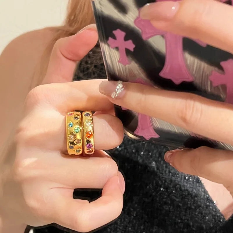 High-end glossy inlaid colorful diamond rings for women unique design stacked sparkling fashion ring Light luxury party jewelry