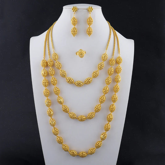 women  jewelry set indian arabic african ethiopian golden color jewelry set Hollow Out Oval Necklace Earrings Ring free shipping