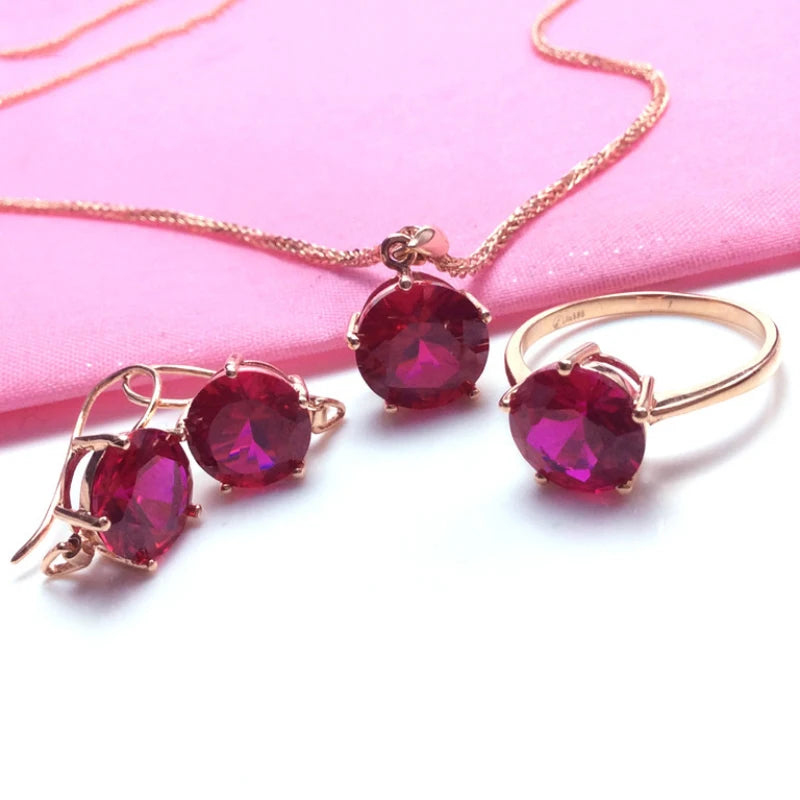 Round ruby jewelry sets light luxury fashion glamour earrings for women necklaces rings 585 purple gold plated 14K rose gold