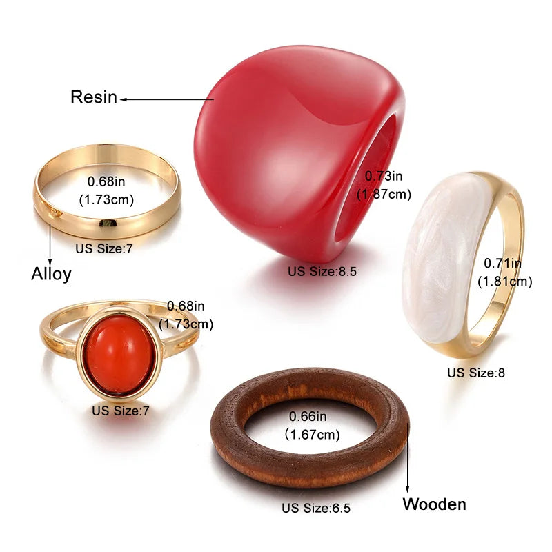 Retro Rings Set for Woman Red Green Resin Gold Color Ring Pink Butterfly Flower Enamel Jewelry Star Snake Geometric Accessories
