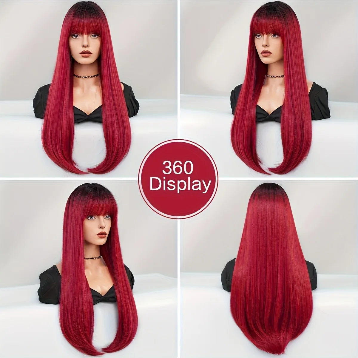 Women's long, straight, burgundy wig, stylish and simple, with dark roots and high-density heat-resistant synthetic fibers, suit