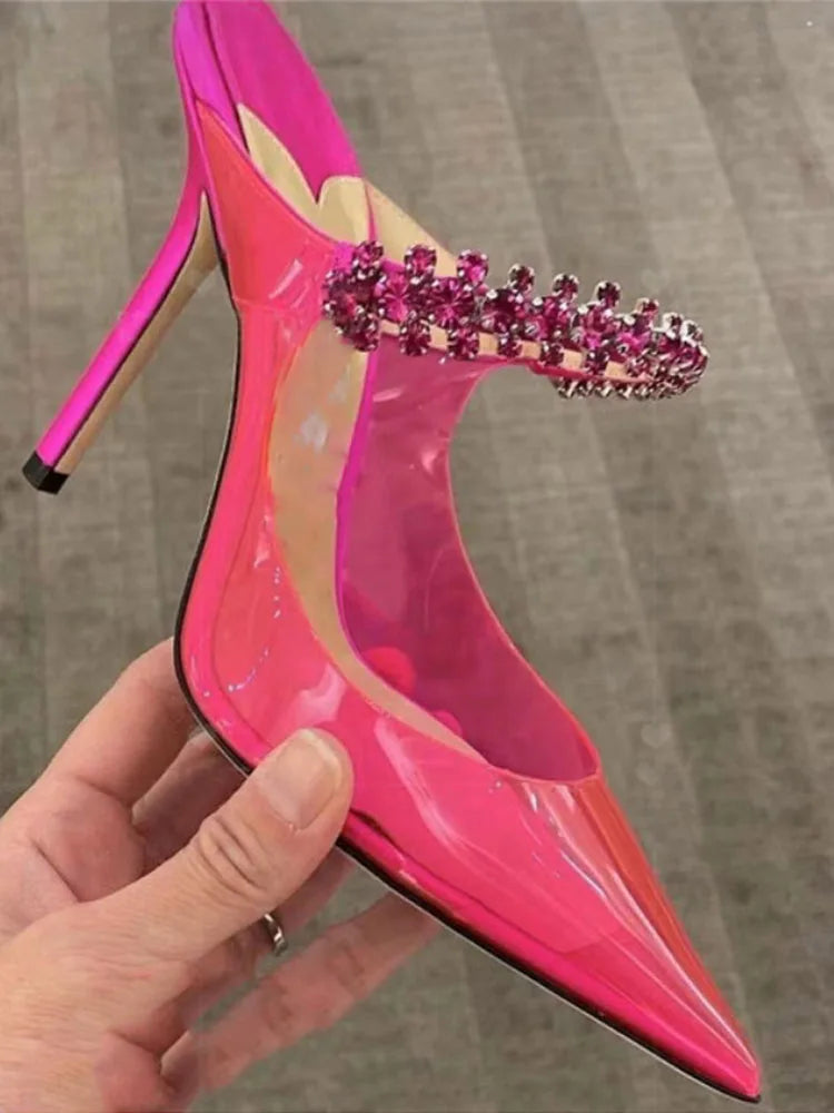 Ladies High Heels Pointed Toe Stiletto With Rhinestone Transparent Sandals Pump