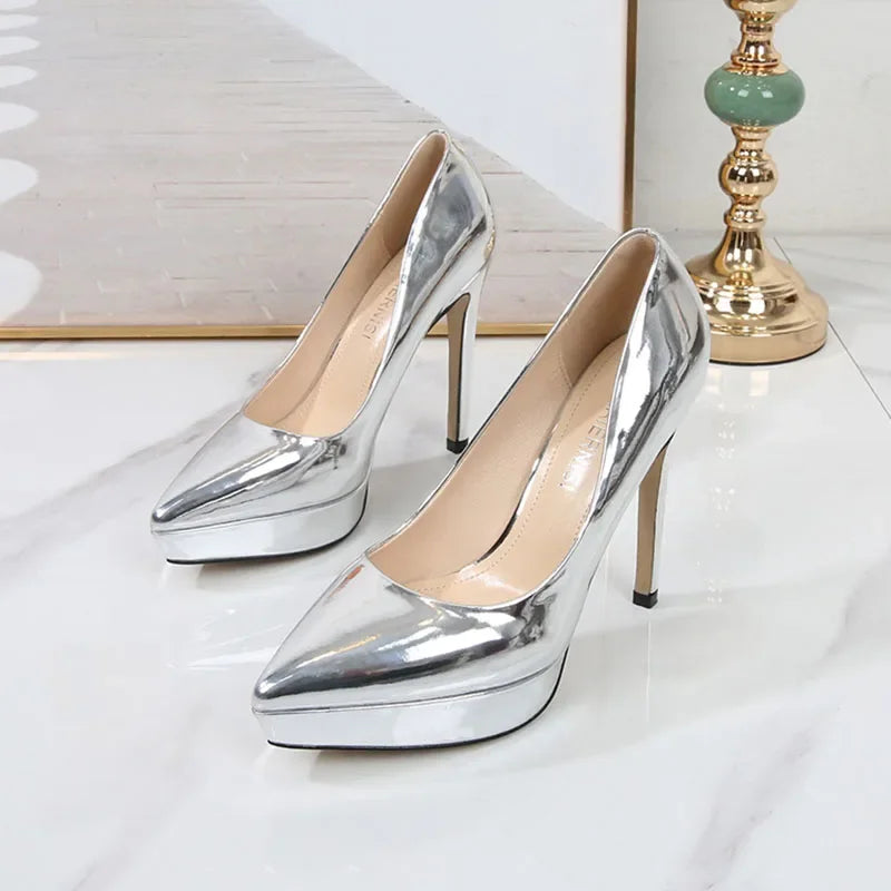 Fashion Ladies High Heels Women Party Shoes Platform Modern Ladies Pumps Brand Gold Silver Super High Heels 12cm D285