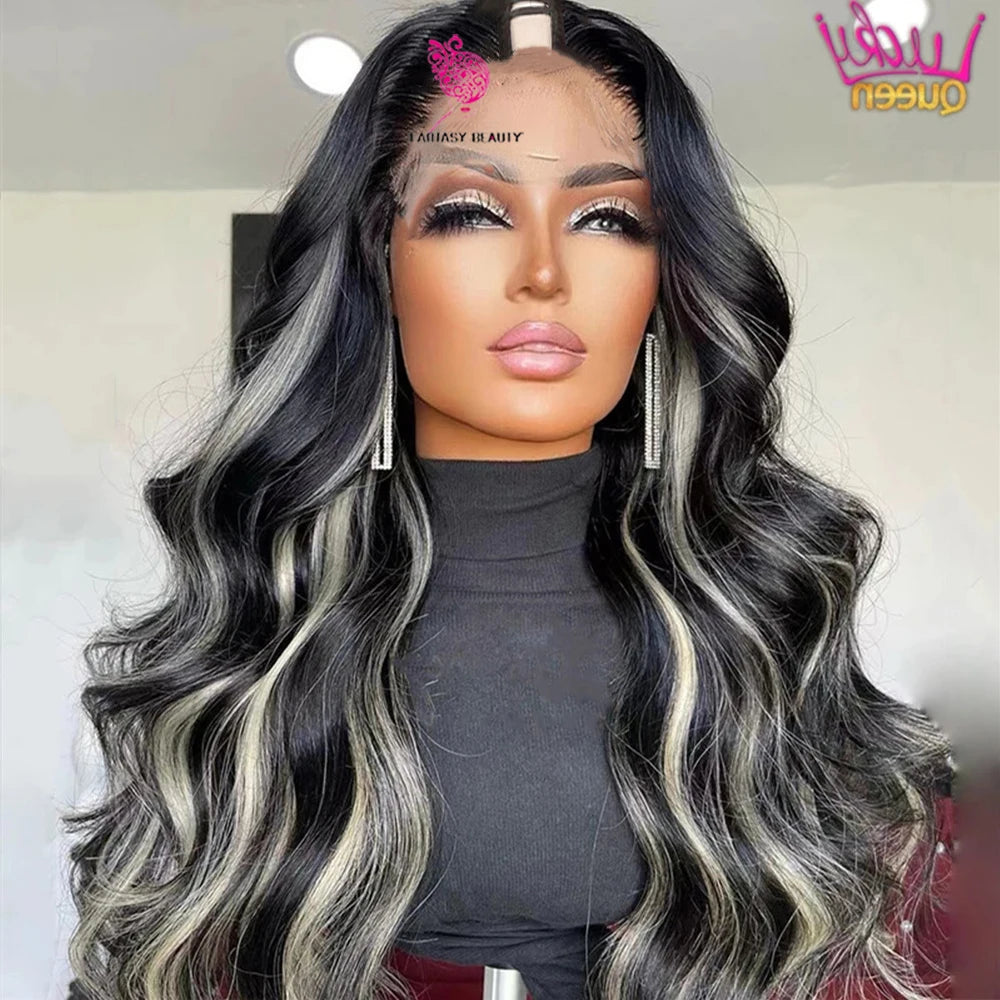 V Part Wig Body Wave Highlight Grey Wigs No Glue No Leave Out Human Hair Gray and Black Ombre U part Wigs Beginner Friendly