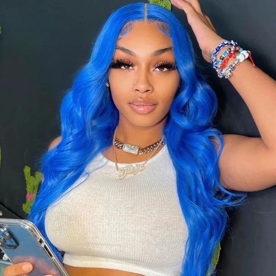 Body Wave Blue Colored13x4 Human Hair Wigs  long Body Wave Wig For Women Pre Plucked Hair