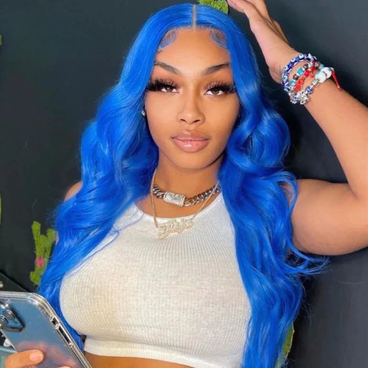 Body Wave Blue Colored13x4 Human Hair Wigs  long Body Wave Wig For Women Pre Plucked Hair