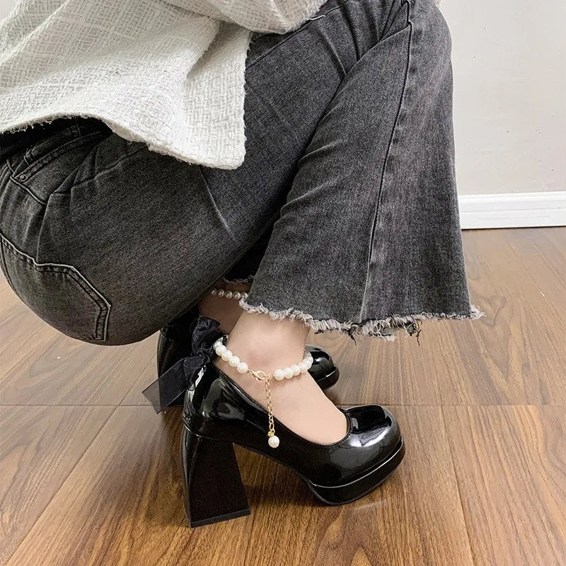 Ladies High Heels Elegant Bow Square Toe Black Fashion Women's Pumps Thick Heel Wedding Party Pearl Lace Wedding Shoes for Women