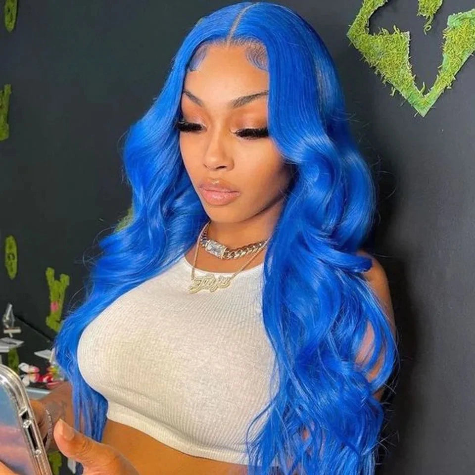 Body Wave Blue Colored13x4 Human Hair Wigs  long Body Wave Wig For Women Pre Plucked Hair