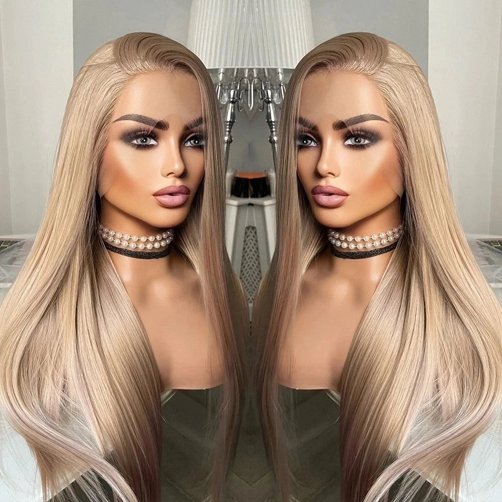 MXWIGS Ash Blonde Straight Synthetic Lace Front Wig For Women Soft Cosplay 26Inch Long Glueless Preplucked Heat Resistant