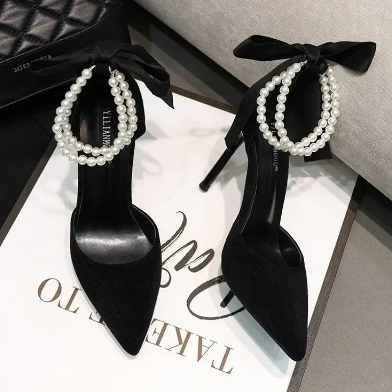 Ladies Shoes Ankle-wrap Women's High Heels Sexy Party Pumps Women String Bead Bow Tie Buckle Strap Spike Heels Sandal