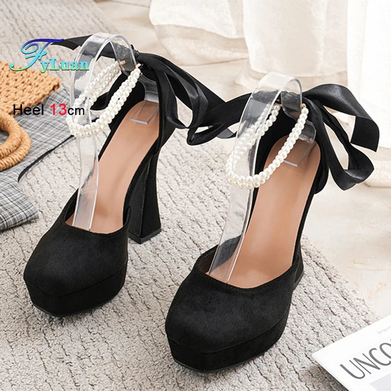 Summer High Heels Womens Sandals Fashion Super High Heels Sandals Bow One Word Buckle Square Head Coarse Heels Ladies Shoes