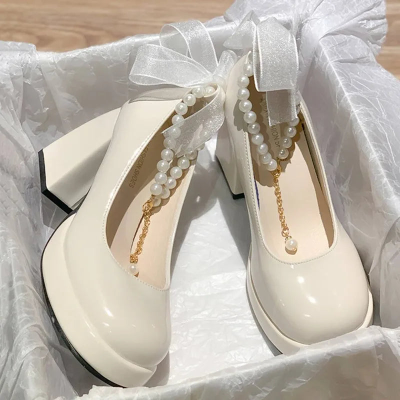 Ladies High Heels Elegant Bow Square Toe Black Fashion Women's Pumps Thick Heel Wedding Party Pearl Lace Wedding Shoes for Women