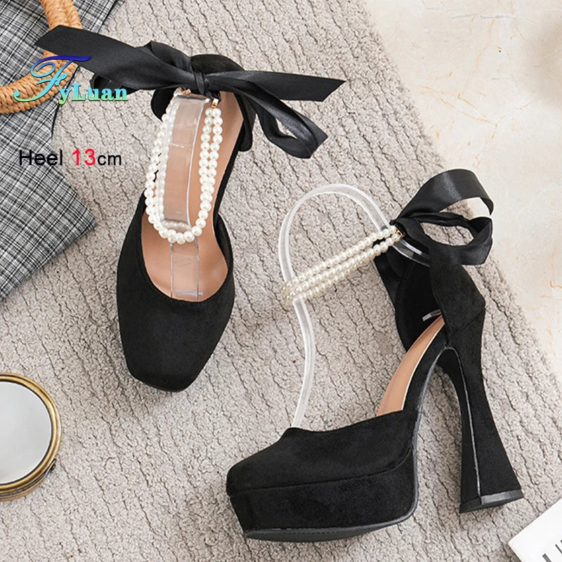 Summer High Heels Womens Sandals Fashion Super High Heels Sandals Bow One Word Buckle Square Head Coarse Heels Ladies Shoes