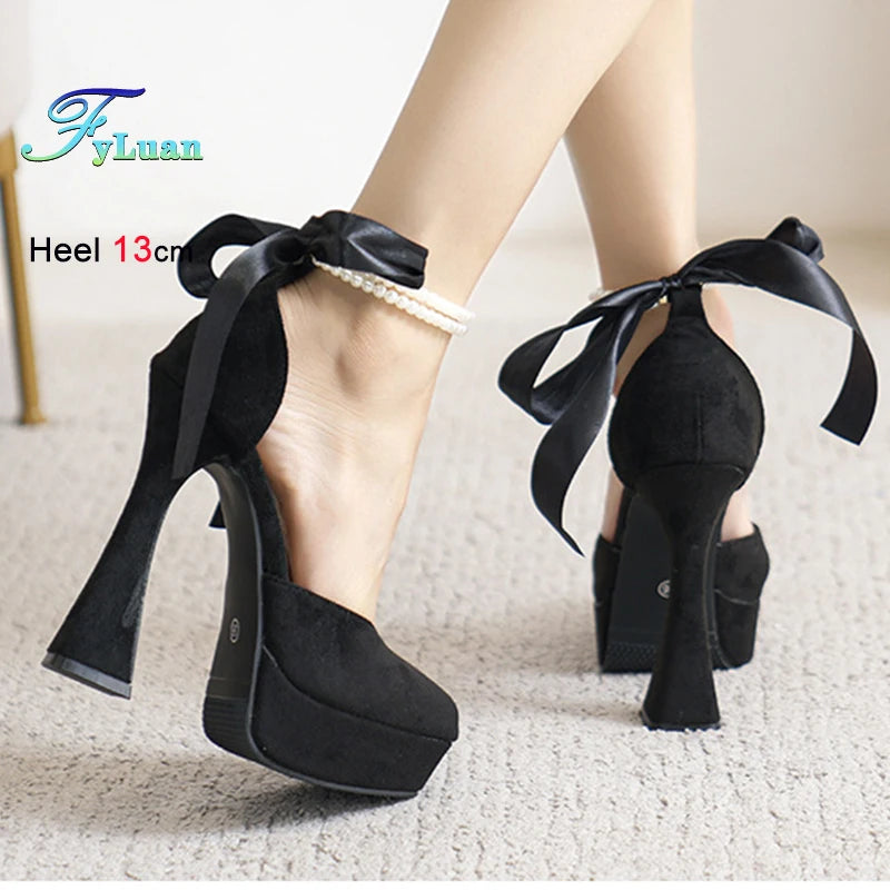 Summer High Heels Womens Sandals Fashion Super High Heels Sandals Bow One Word Buckle Square Head Coarse Heels Ladies Shoes