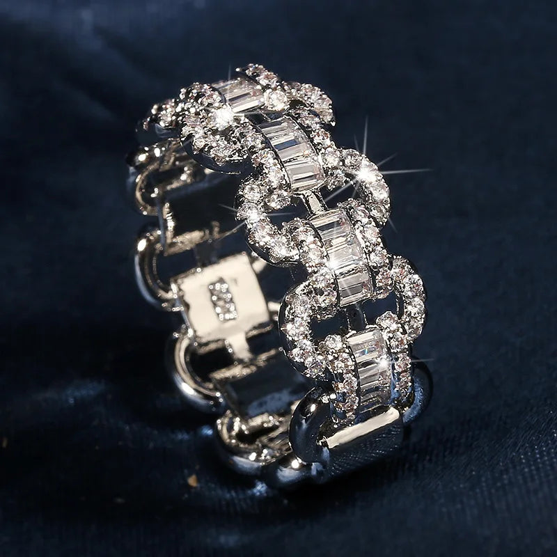 Fashion Luxury Large Row Bling Bling Zircon Rings Women Chain Hip Hop Rings Unisex Jewelry Gifts