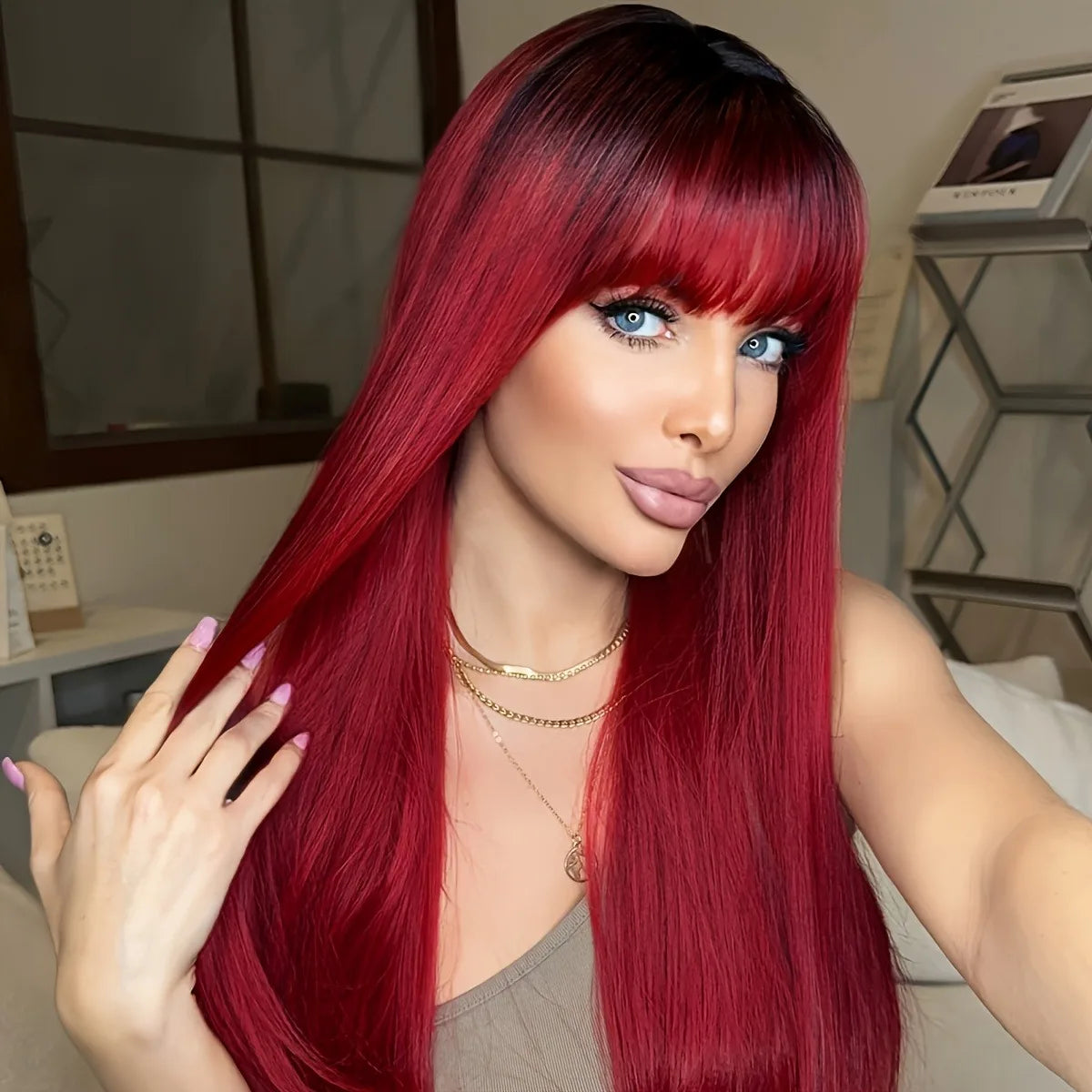 Women's long, straight, burgundy wig, stylish and simple, with dark roots and high-density heat-resistant synthetic fibers, suit