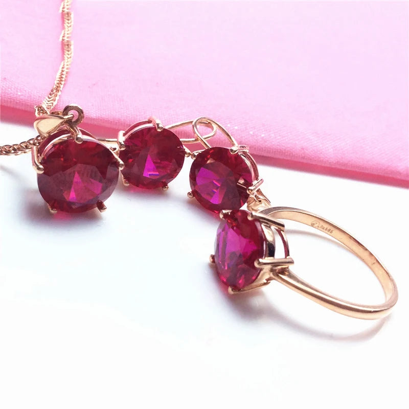 Round ruby jewelry sets light luxury fashion glamour earrings for women necklaces rings 585 purple gold plated 14K rose gold