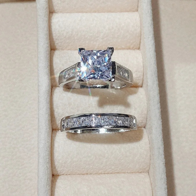 Luxury Wedding Rings Set for Women Dazzling Square Rhinestones Zirconia Ring Luxury Lady Accessories Set Trendy Bridal Jewelry