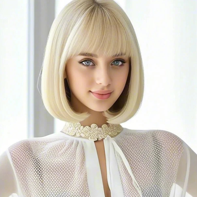 Luxurious 12” gold,color bangs synthetic wig with elegant, voluminous texture for everyday wear and special occasions.