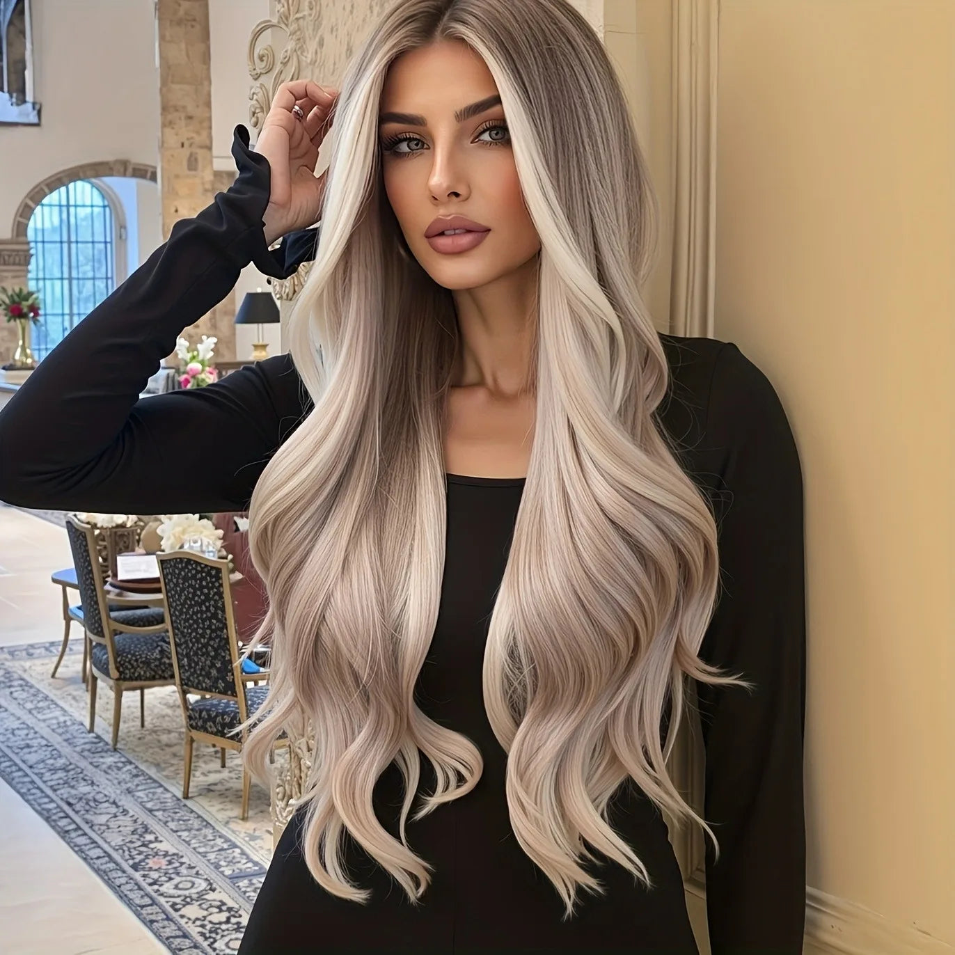Women's long, straight, burgundy wig, stylish and simple, with dark roots and high-density heat-resistant synthetic fibers, suit