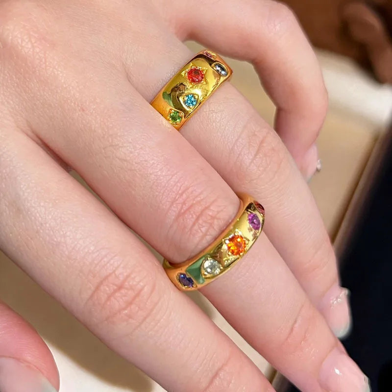 High-end glossy inlaid colorful diamond rings for women unique design stacked sparkling fashion ring Light luxury party jewelry