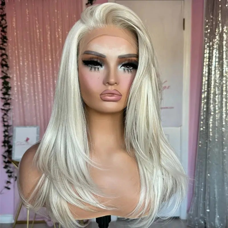 Wig female White Platinum Blonde Synthetic HD Lace Front Wig Balayage Pre Plucked Hairline Heat Resistant Center Parting 18 Inch