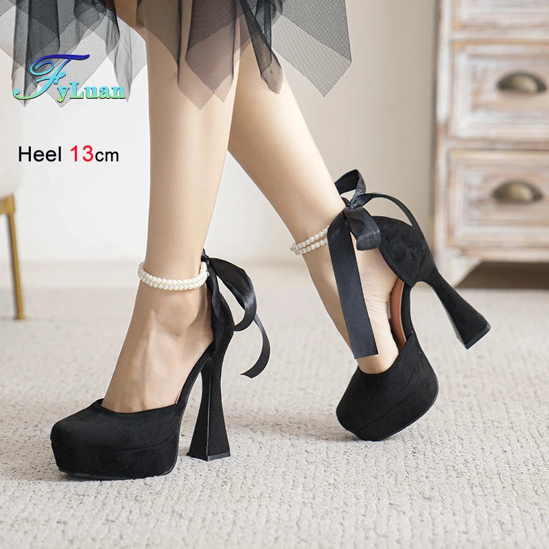 Summer High Heels Womens Sandals Fashion Super High Heels Sandals Bow One Word Buckle Square Head Coarse Heels Ladies Shoes