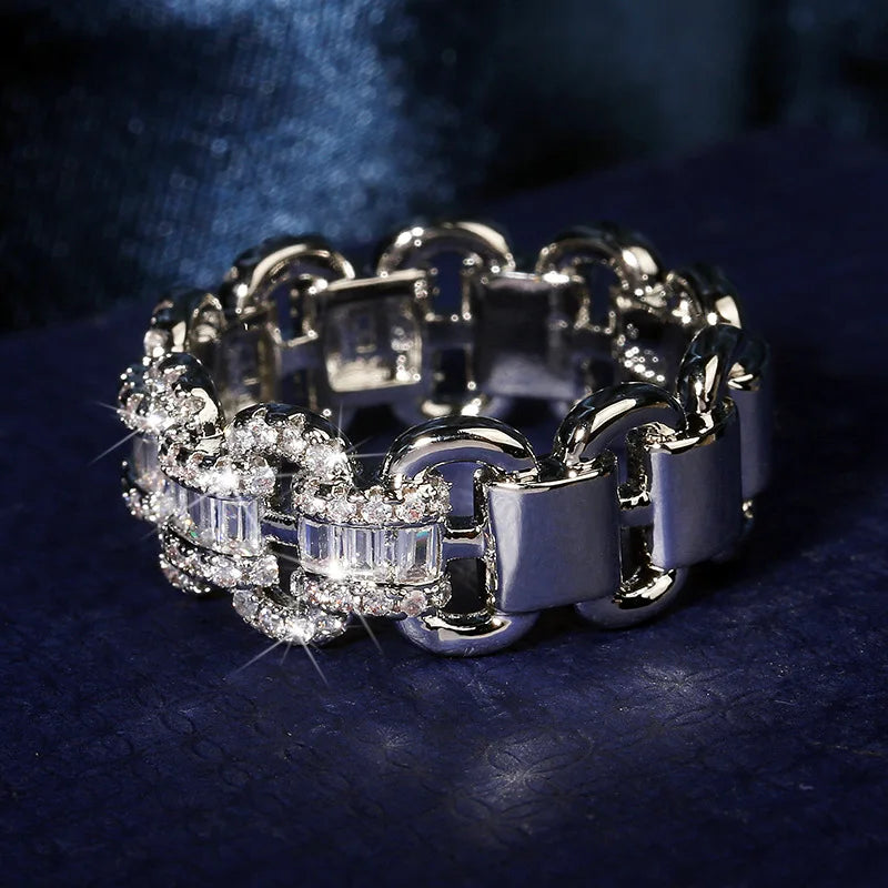 Fashion Luxury Large Row Bling Bling Zircon Rings Women Chain Hip Hop Rings Unisex Jewelry Gifts