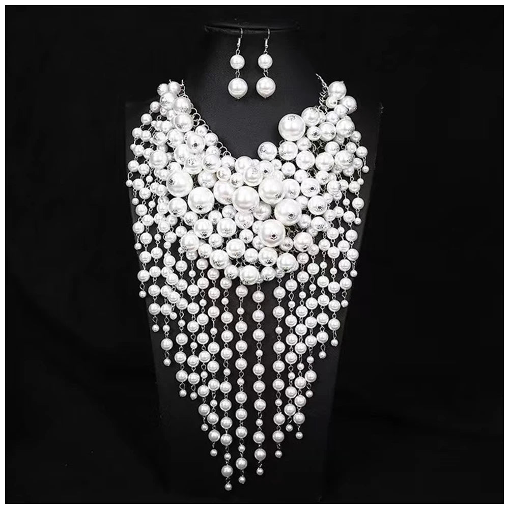 Lady's Fashion Statement Pearls Necklace Earrings Jewelry Sets for Party Wedding Prom Beaded Tassels Choker Collar Necklaces