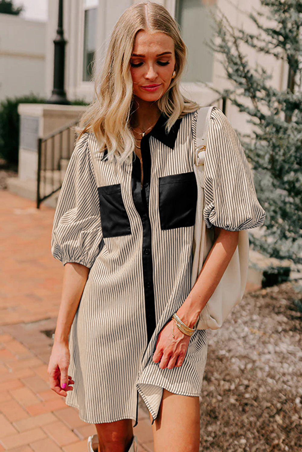 Black Stripe Color Block Patchwork Shirt Collar Button Down Puff Sleeve Mini Dress