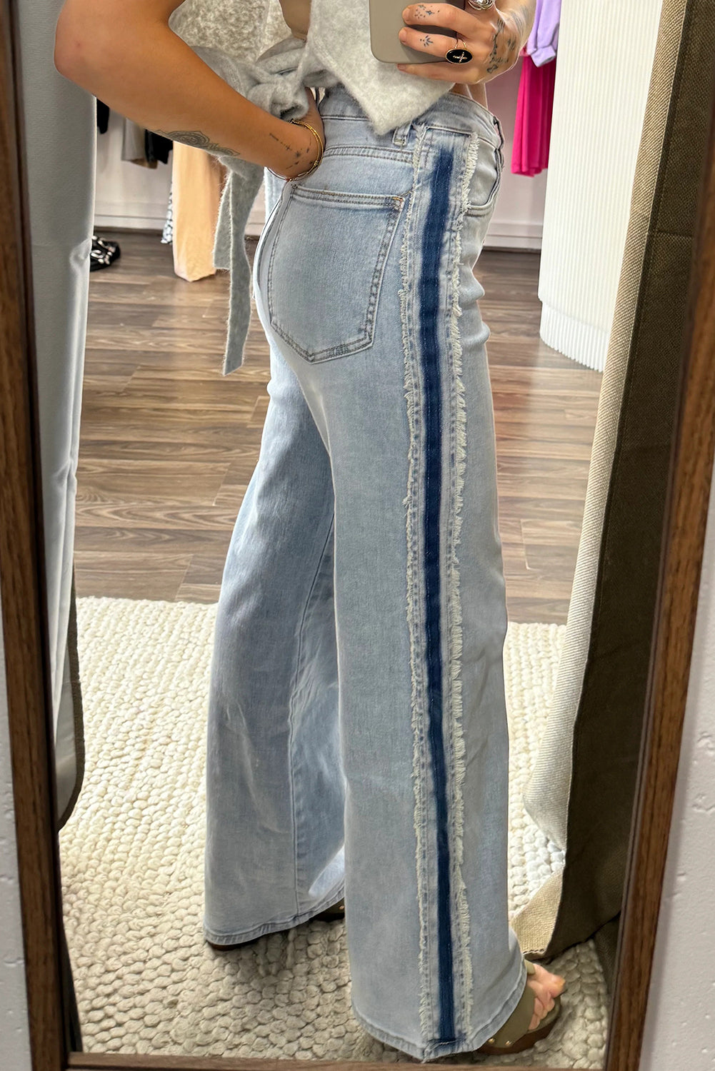Beau Blue Contrast Stripe Frayed Side Panel Patchwork Shift Jeans