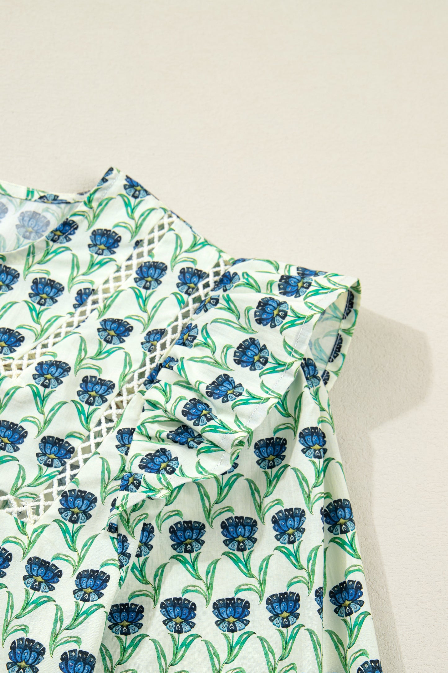 Green Floral Print Lace Detail Ruffle Trim Long Sleeve Blouse