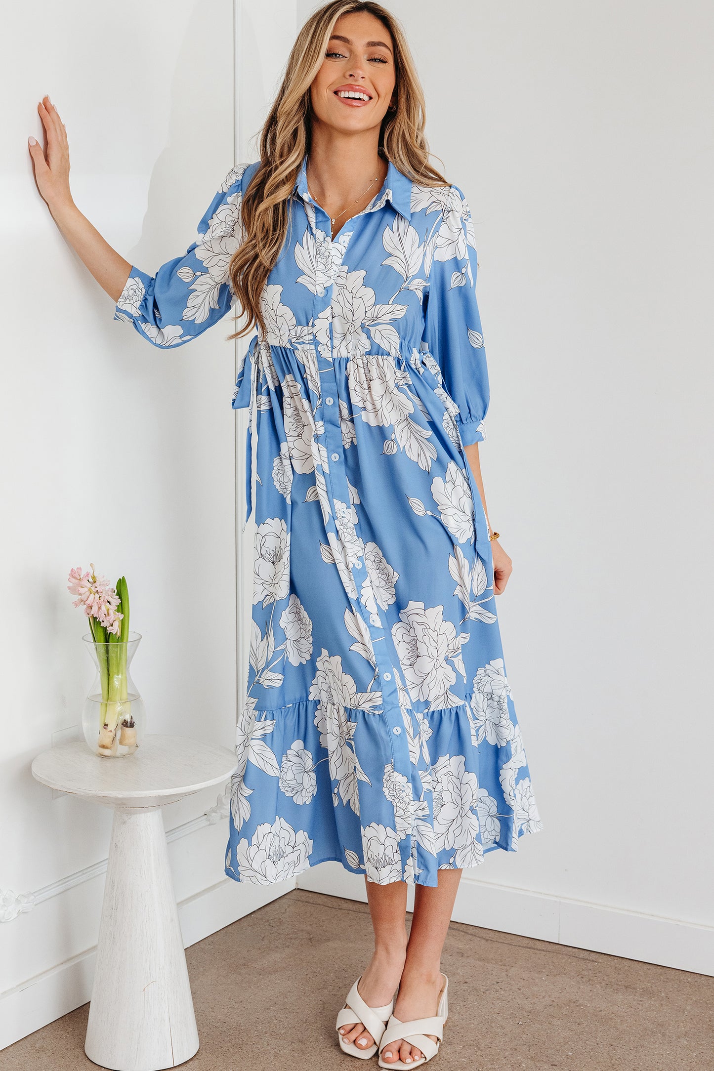 Sky Blue Floral  Hem Long Dress